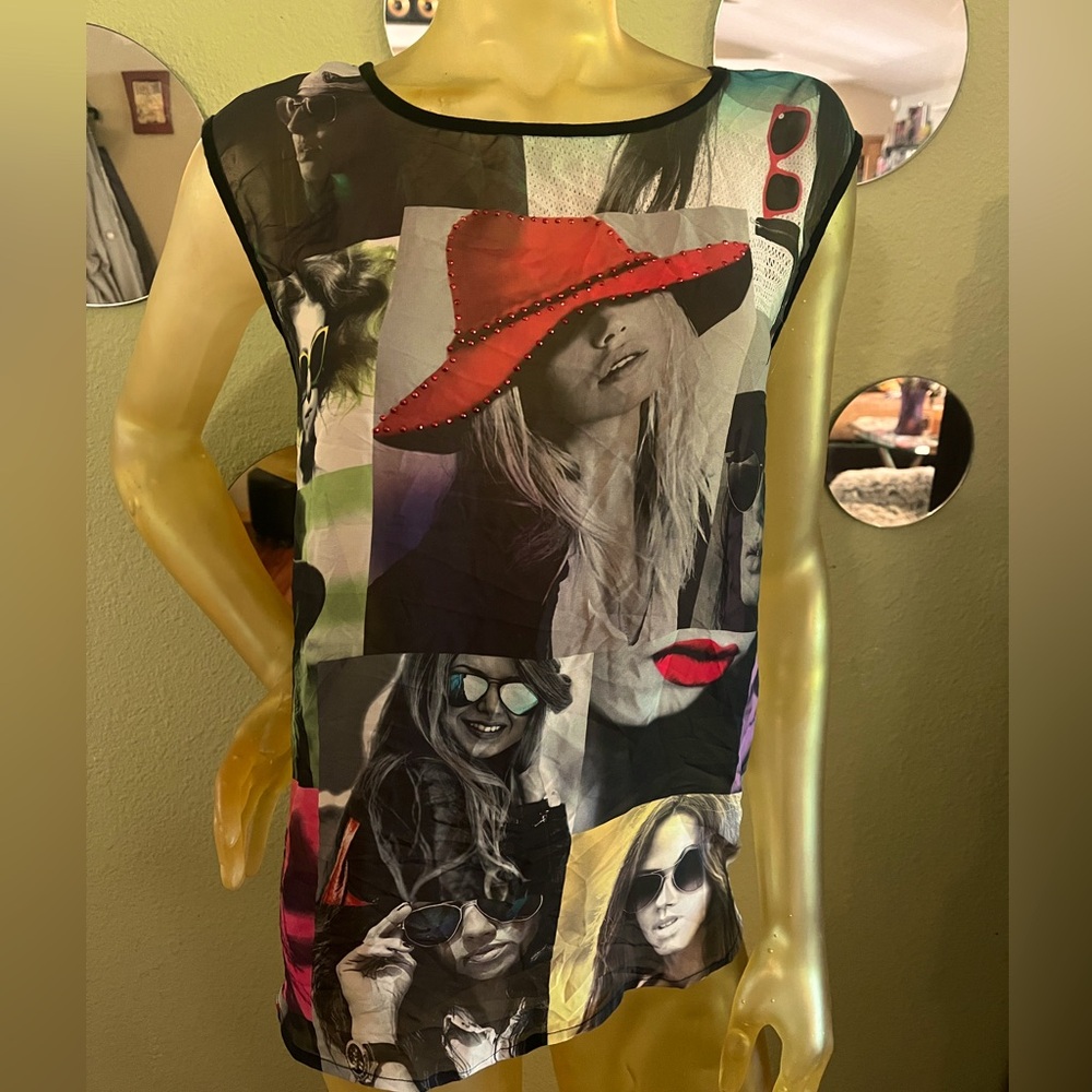 Women’s open back tunic top with fashion model print, and rhinestone detailing